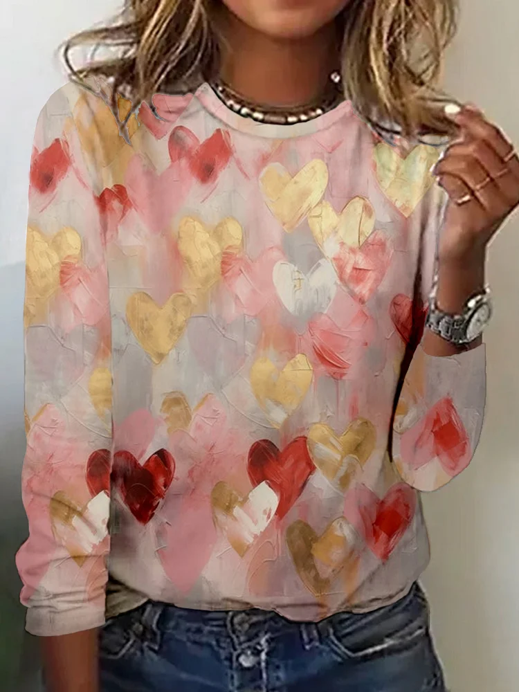 Valentines Day Red Pink And Gold Heart Print Casual T Shirt
