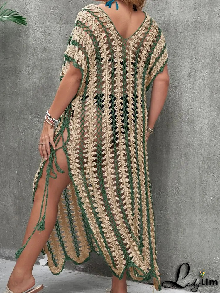 Women's V-Neck Cotton Short Sleeves Hollow-Out Beach Cover Up