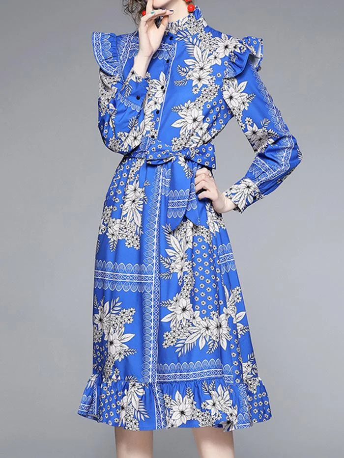 Elegant Floral Print Stand Collar Ruffle Dress