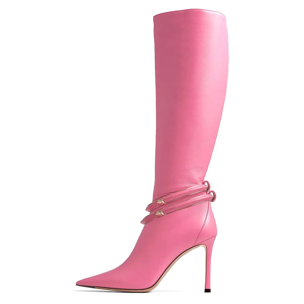Pink Pointy Toe Simply Fashion Leather Knee High Boots