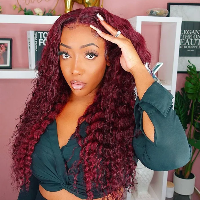 Reddish Brown Brazilian 13*4 HD Lace Front Deep Wave Pre-Plucked Wigs 