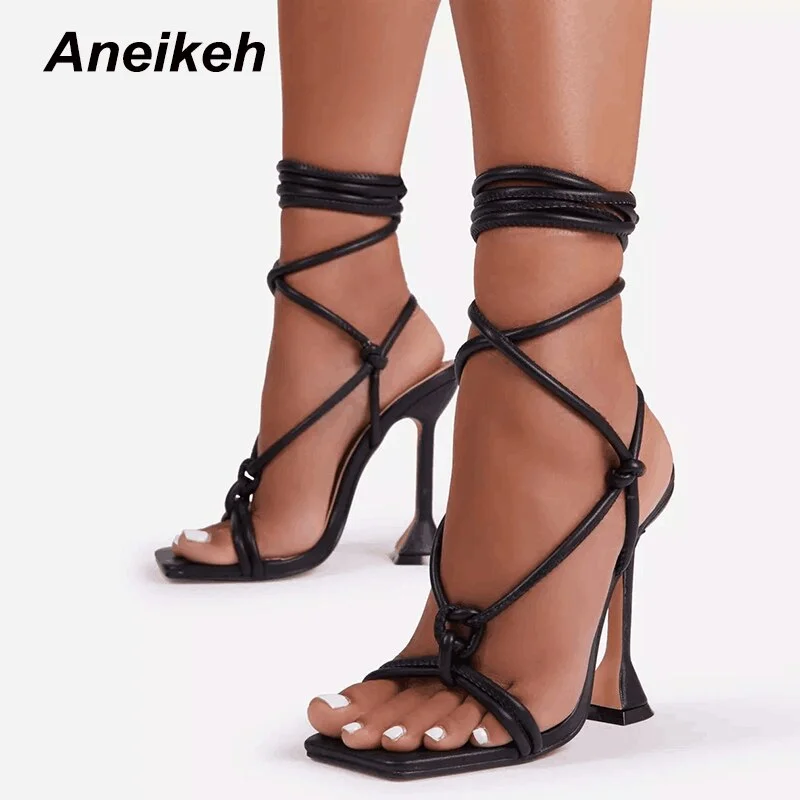 Aneikeh Women's Shoes Cross-Tied Head Peep Toe Patchwork Fashion High Heels Wedding  Sandalias Mujer NEW 2021 Summer Narrow Band