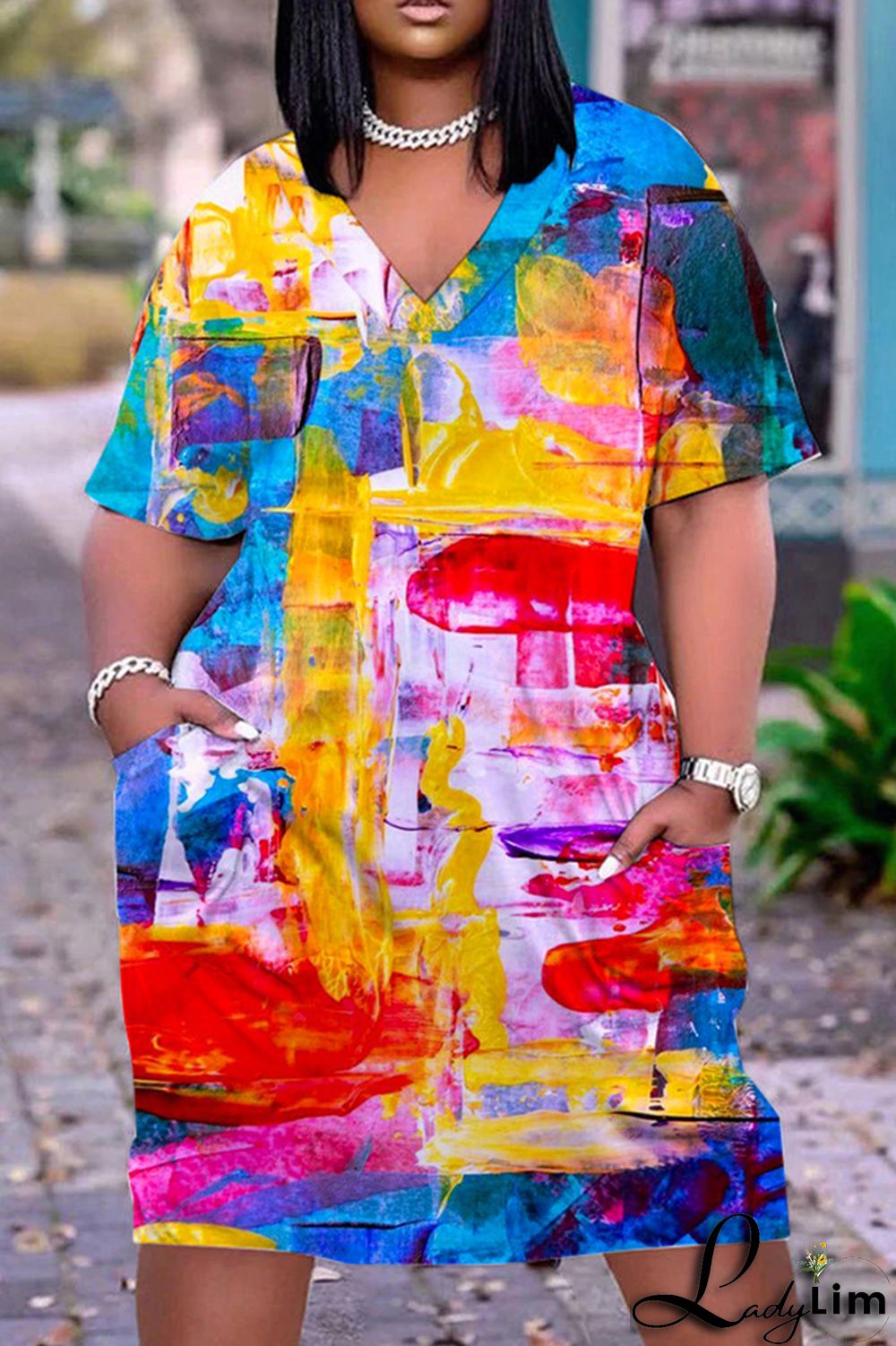 Light Blue Casual Print Basic V Neck Short Sleeve Dress Dresses