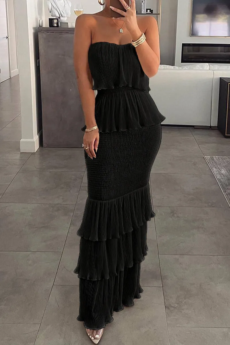 British Style Celebrities Solid Flounce Strapless Cake Skirt Dresses(4 Colors)