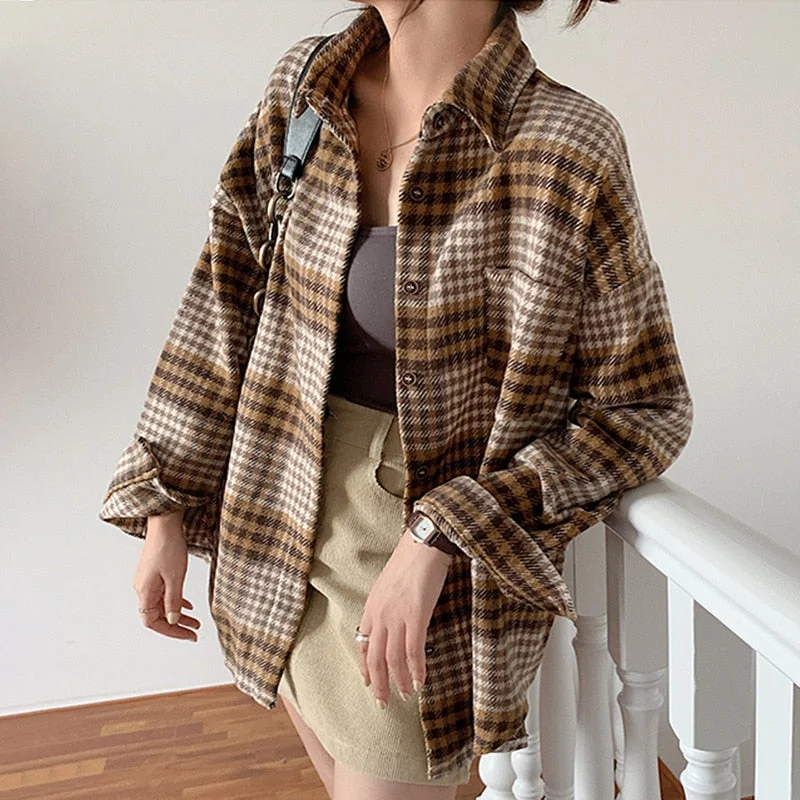 Winter Women Vintage Oversize Woolen Plaid Shirt Pockets Batwing Sleeve Turn-Down Collar Thick Blouse Autumn Casual Warm Outwear