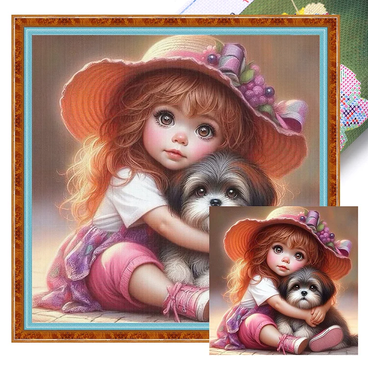 【Yishu Brand】Girl And Puppy (45*45cm) 11CT Stamped Cross Stitch gbfke