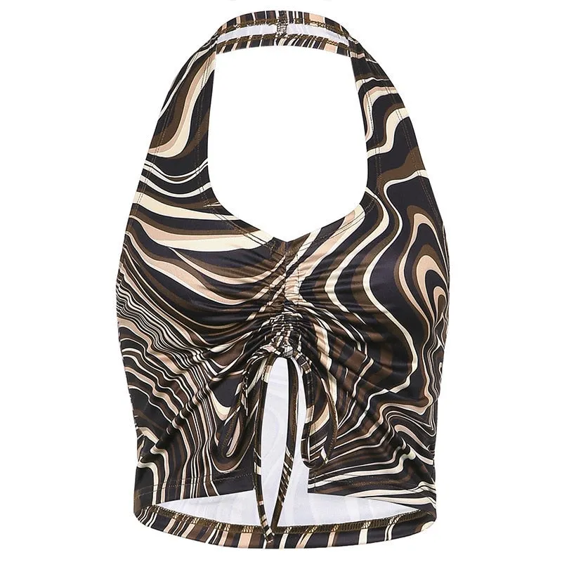 sexy blouse Brown Camis Ruched Tie Up Crop Top Y2K Harajuku Tank Top Backless Halter Cute Tee Top Women Party Beach Sweat New