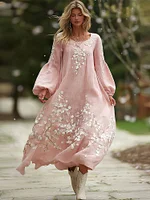 Women's Bohemian Cherry Blossom Pattern Casual Round Neck Long Sleeve Dress