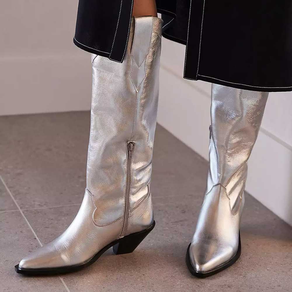 Silver Zip Metallic Pointed Toe Chunky Heel Mid-Calf Cowgirl Boots Nicepairs