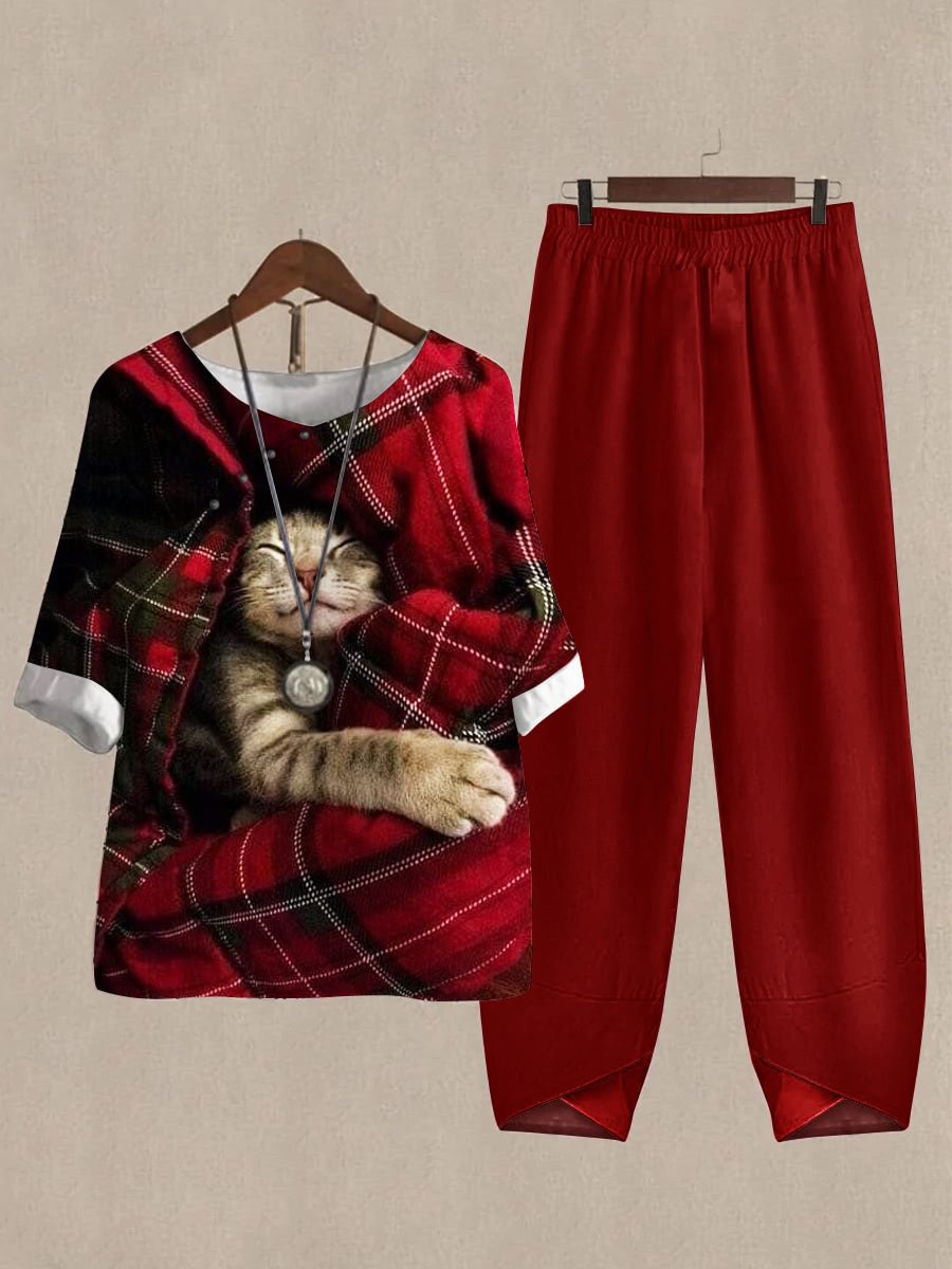 Linen Casual Women's Cute Cat Print Two Pieces Set