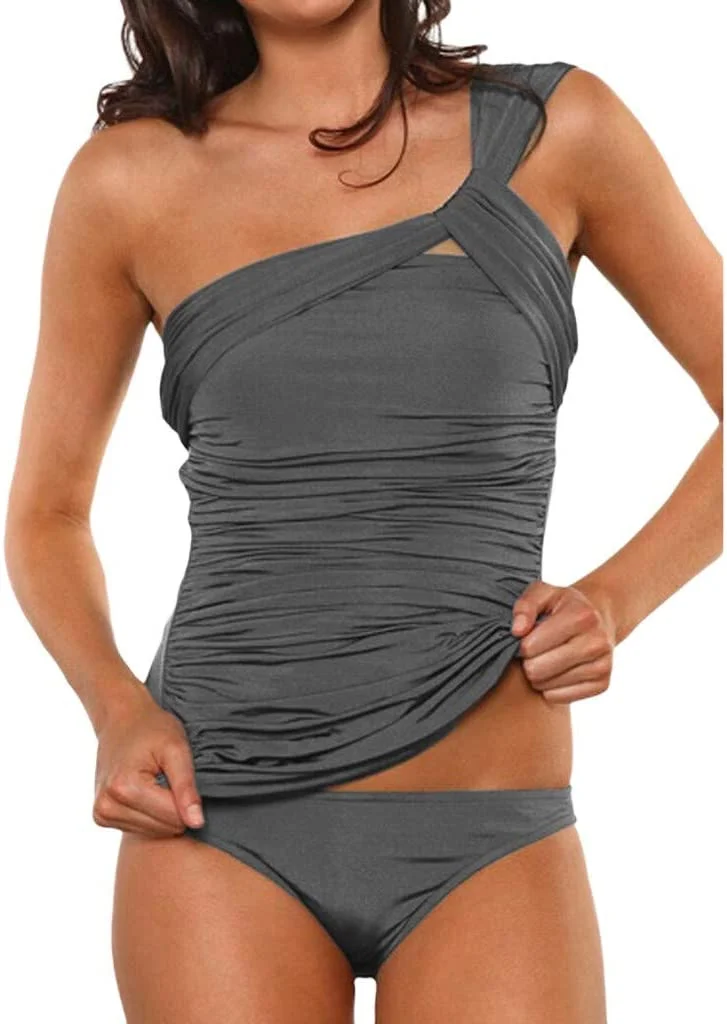 Women One Shoulder Swimsuit - Leadmall Ruched Tummy Control Two Piece Tankini Bikini Set