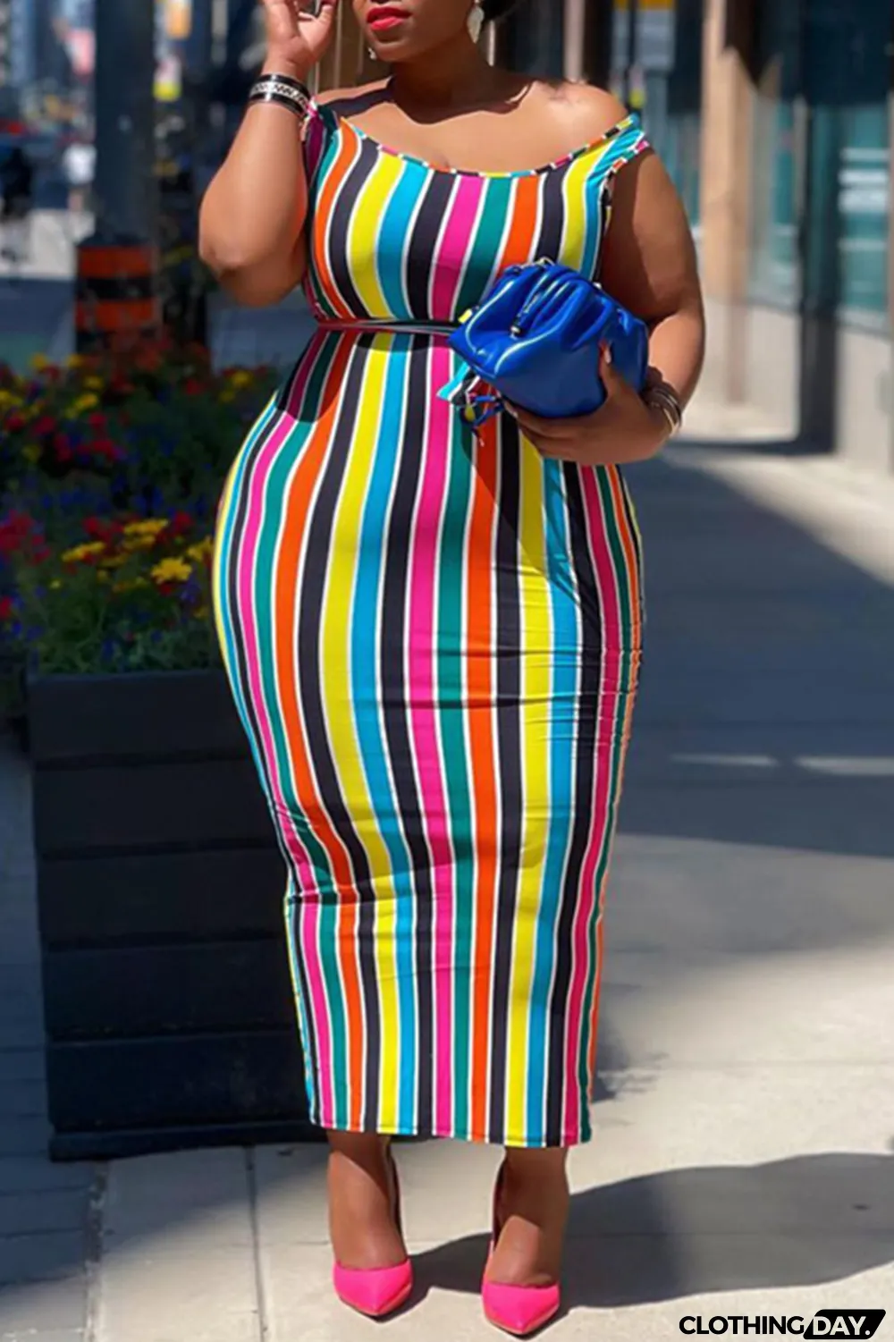 Colour Fashion Casual Plus Size Striped Print Basic O Neck Vest Dress