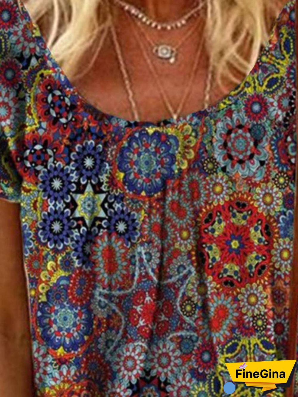 Round Neck Painted Short Sleeve Tops