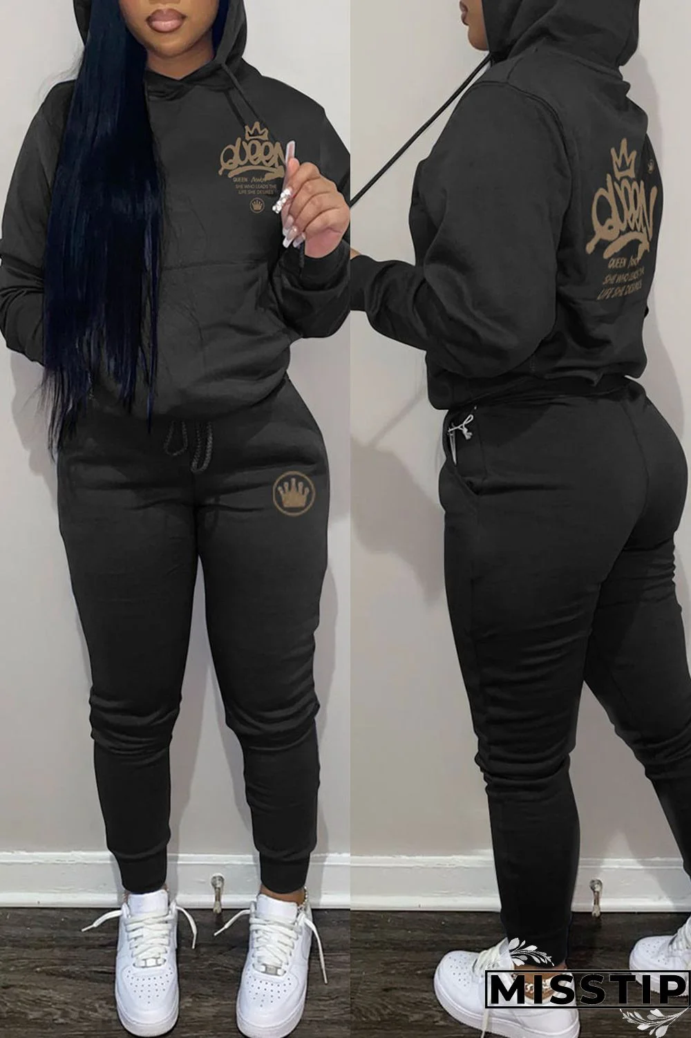 Blue Casual Print Patchwork Hooded Collar Long Sleeve Two Pieces