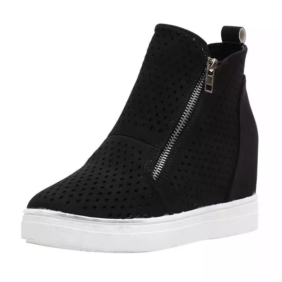 Hollow zip up wedge sneakers slip on casual shoes