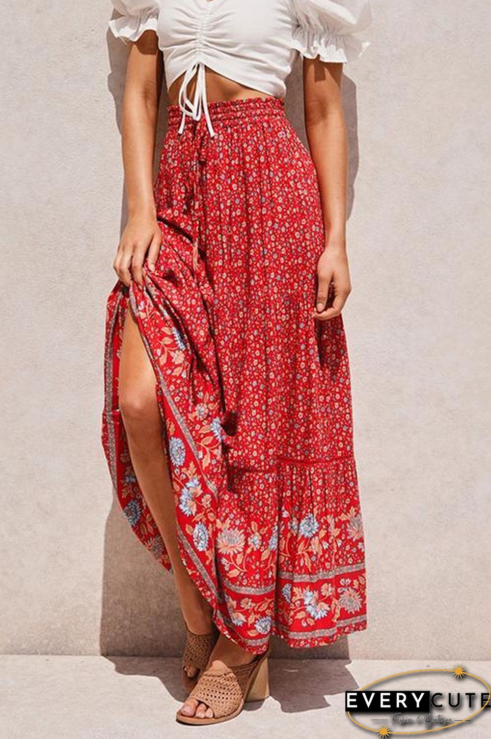 Floral Print Drawstring Waist Maxi Skirts