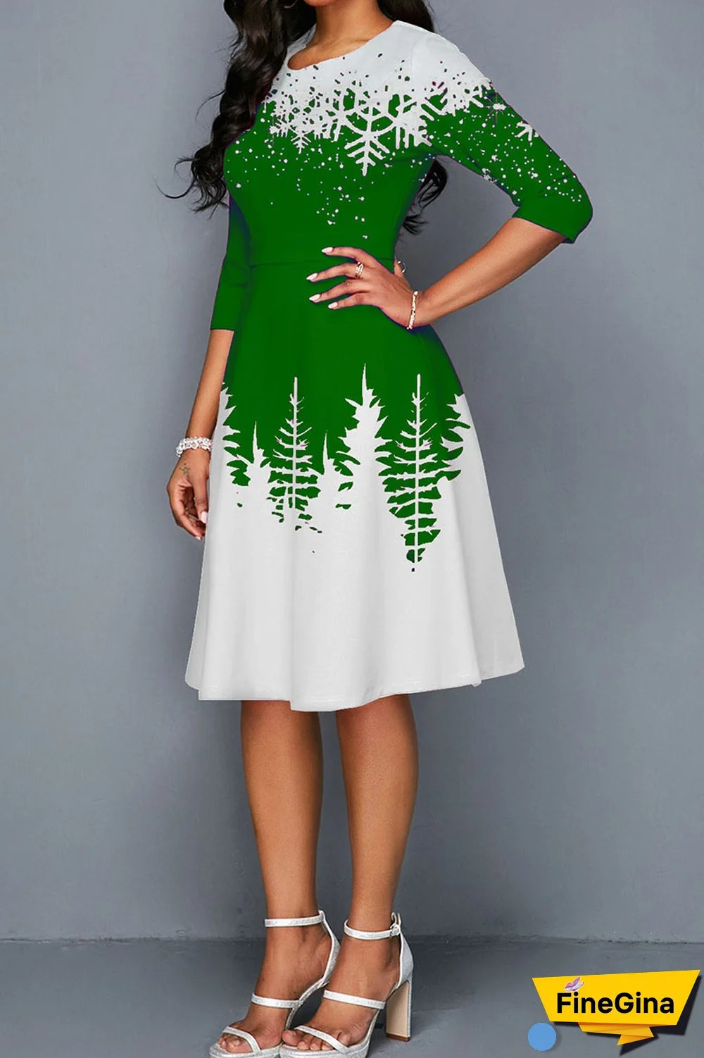 Green Casual Print Patchwork O Neck A Line Dresses