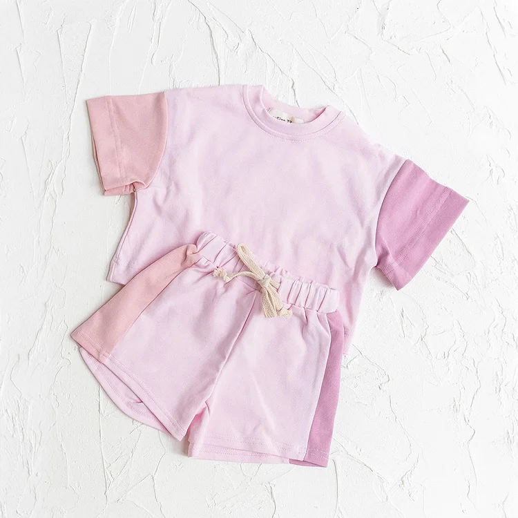 Baby Boy/Girl Summer Splicing Block Color Drawstring Strappy T-shirt and Shorts Set