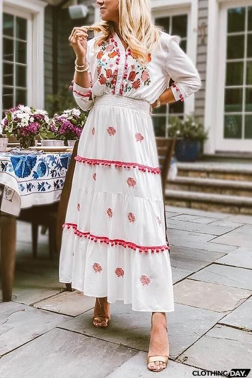 Embroidery Pom Pom Maxi Dress