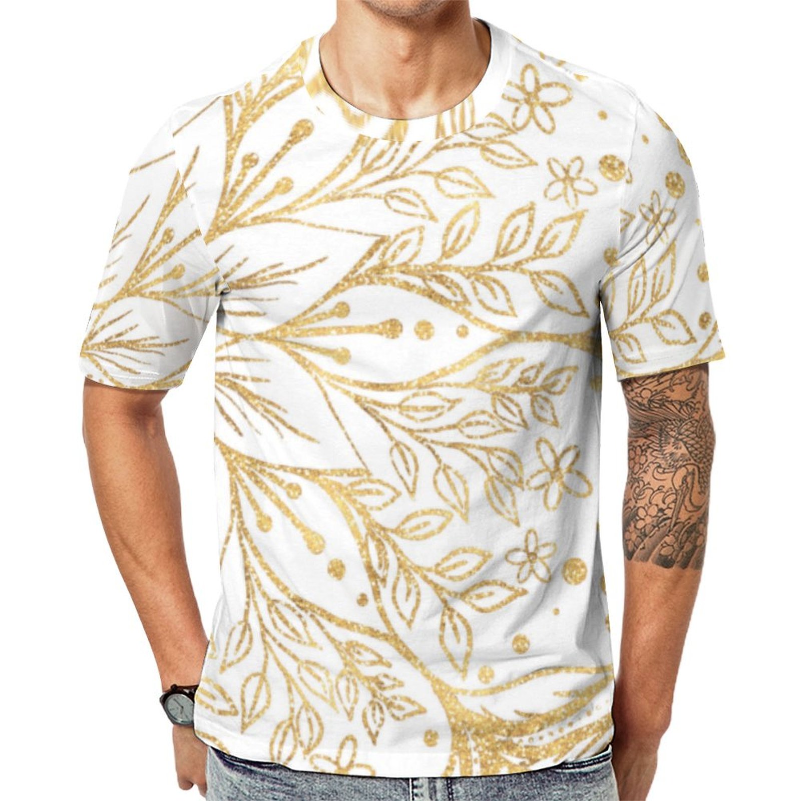 Elegant Gold Glitter Flower Mandala White Design Short Sleeve Print Unisex Tshirt Summer Casual Tees for Men and Women Coolcoshirts