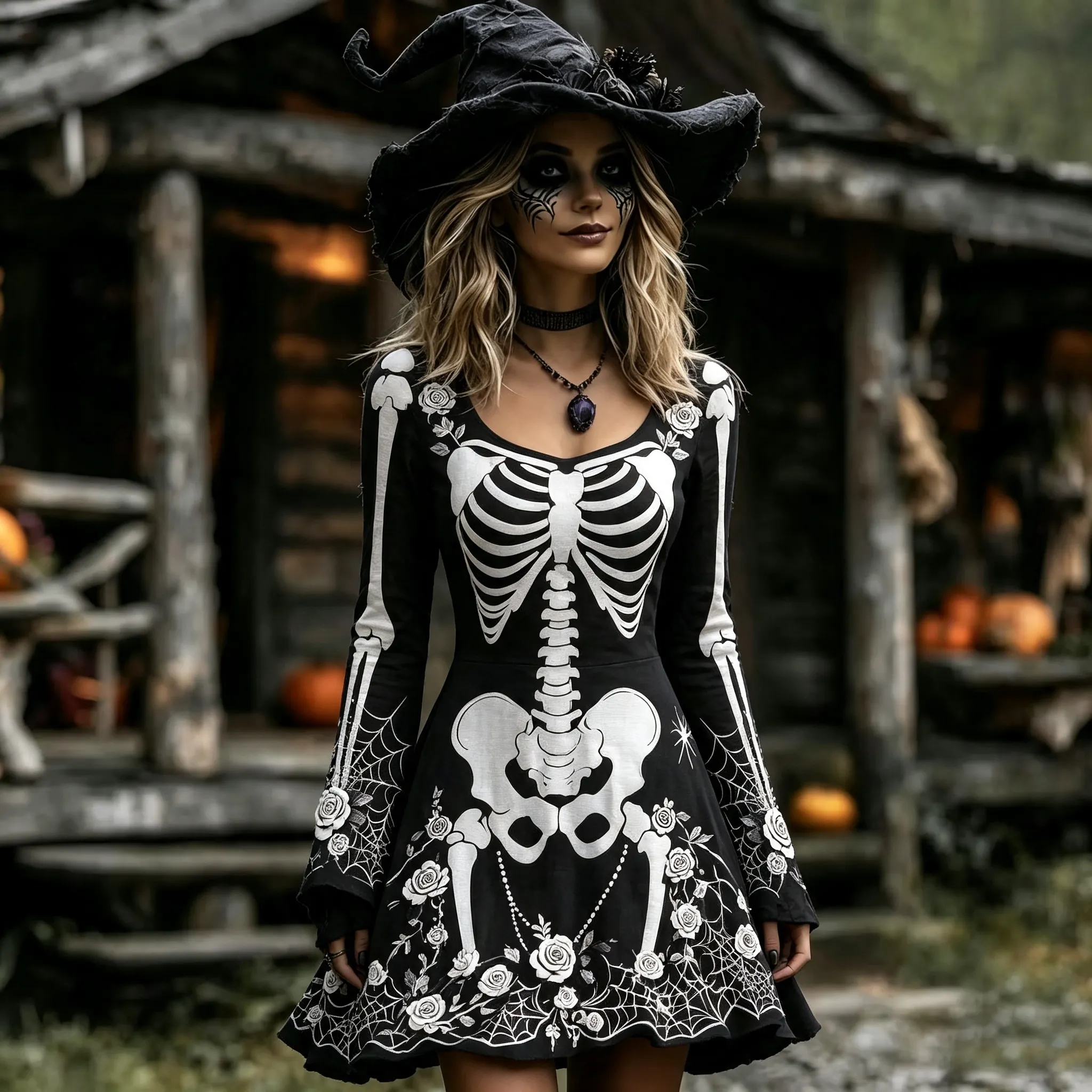Women's Halloween Skull And Floral Gothic Patterns Art Round-neck Mini Dress artswardrobe