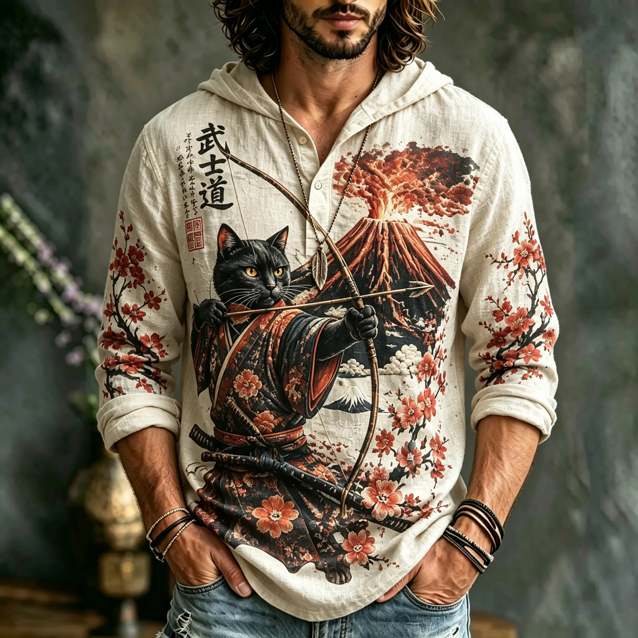 Men's Japanese Art Retro Casual Samurai Cat Floral Design Cotton Linen Hoodie  artssus
