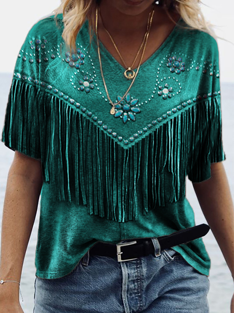 Western Turquoise Flowers Tassels V Neck T Shirt wearshes