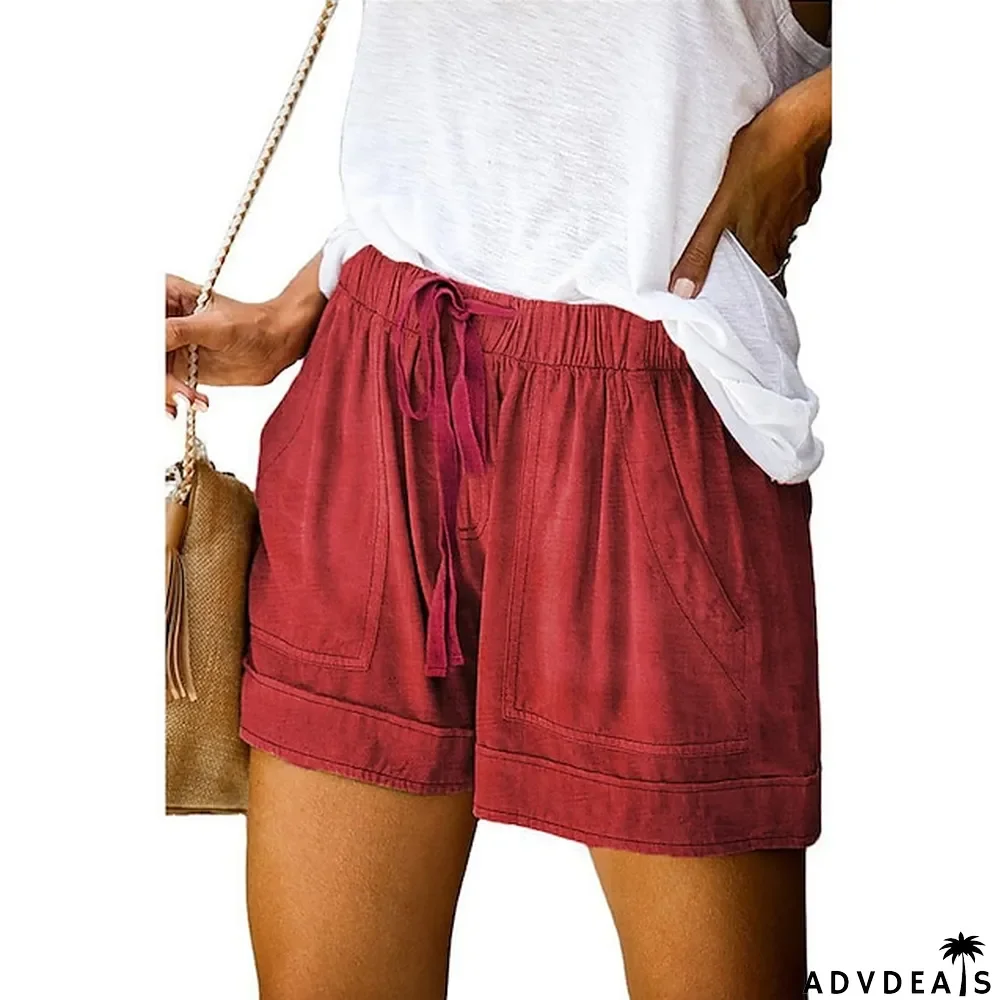 Women\u2018s Shorts Drawstring Pocket Plain Daily Regular Summer Green Black Pink Orange Red