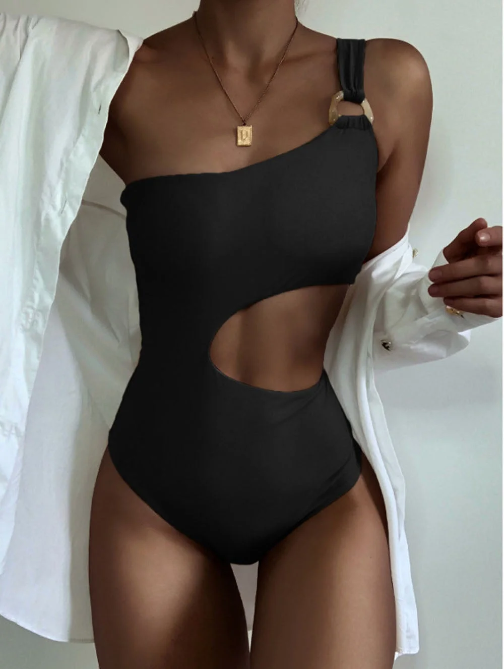 2021 New Arrival Black Hollow Out One Piece Swimsuit Padded Ring Sexy Female One Shoulder Swimwear Women Bathing Suit Monokini