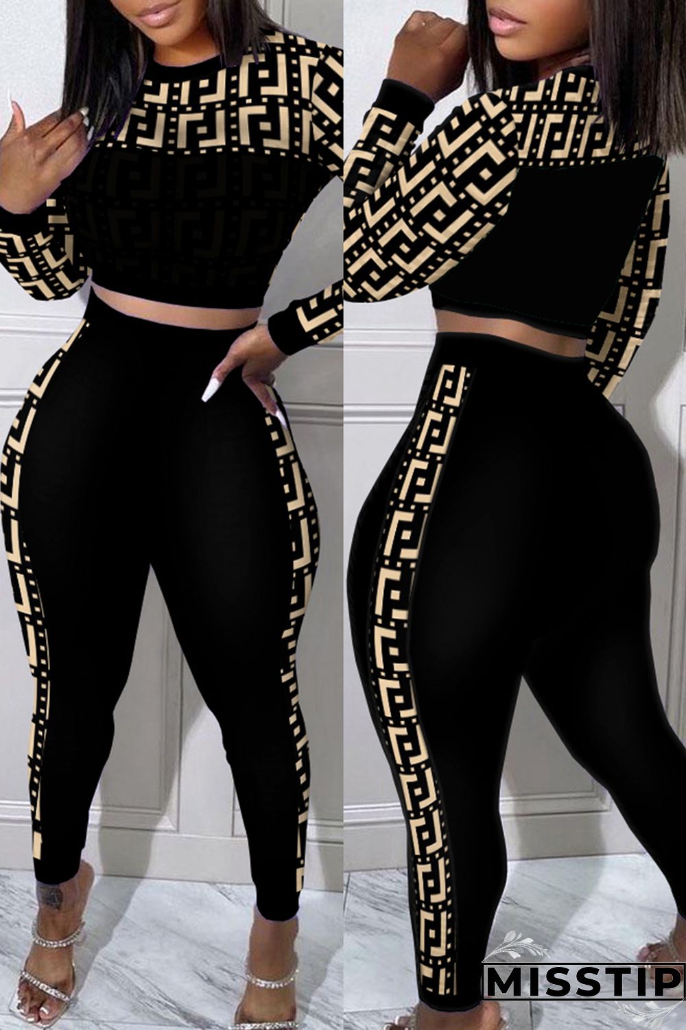 Black Casual Print Patchwork O Neck Long Sleeve Two Pieces