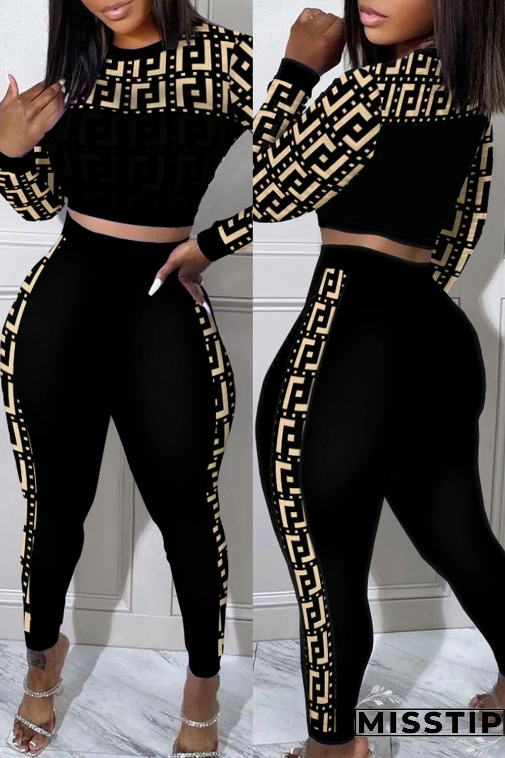 Black Casual Print Patchwork O Neck Long Sleeve Two Pieces