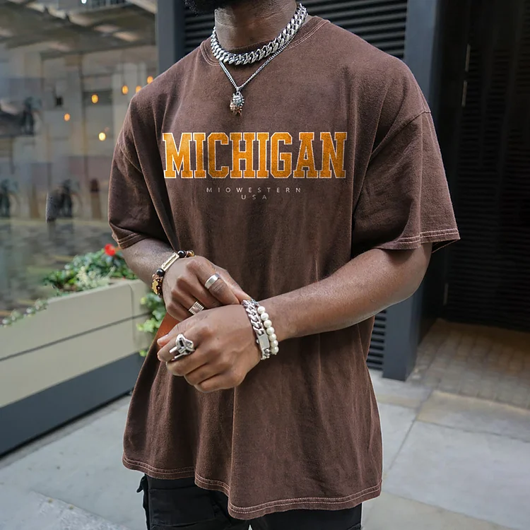 Retro Men's Michigan Print Oversized T-shirt 17dc