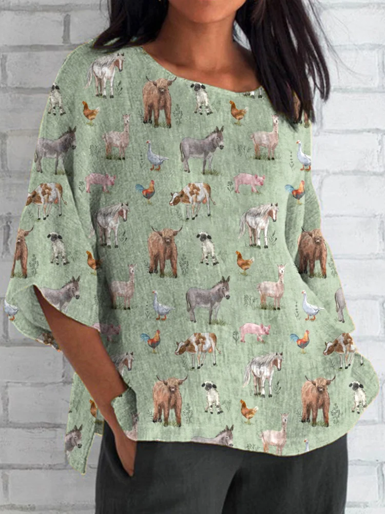 Farm Animals Print Linen Blend Casual Shirt