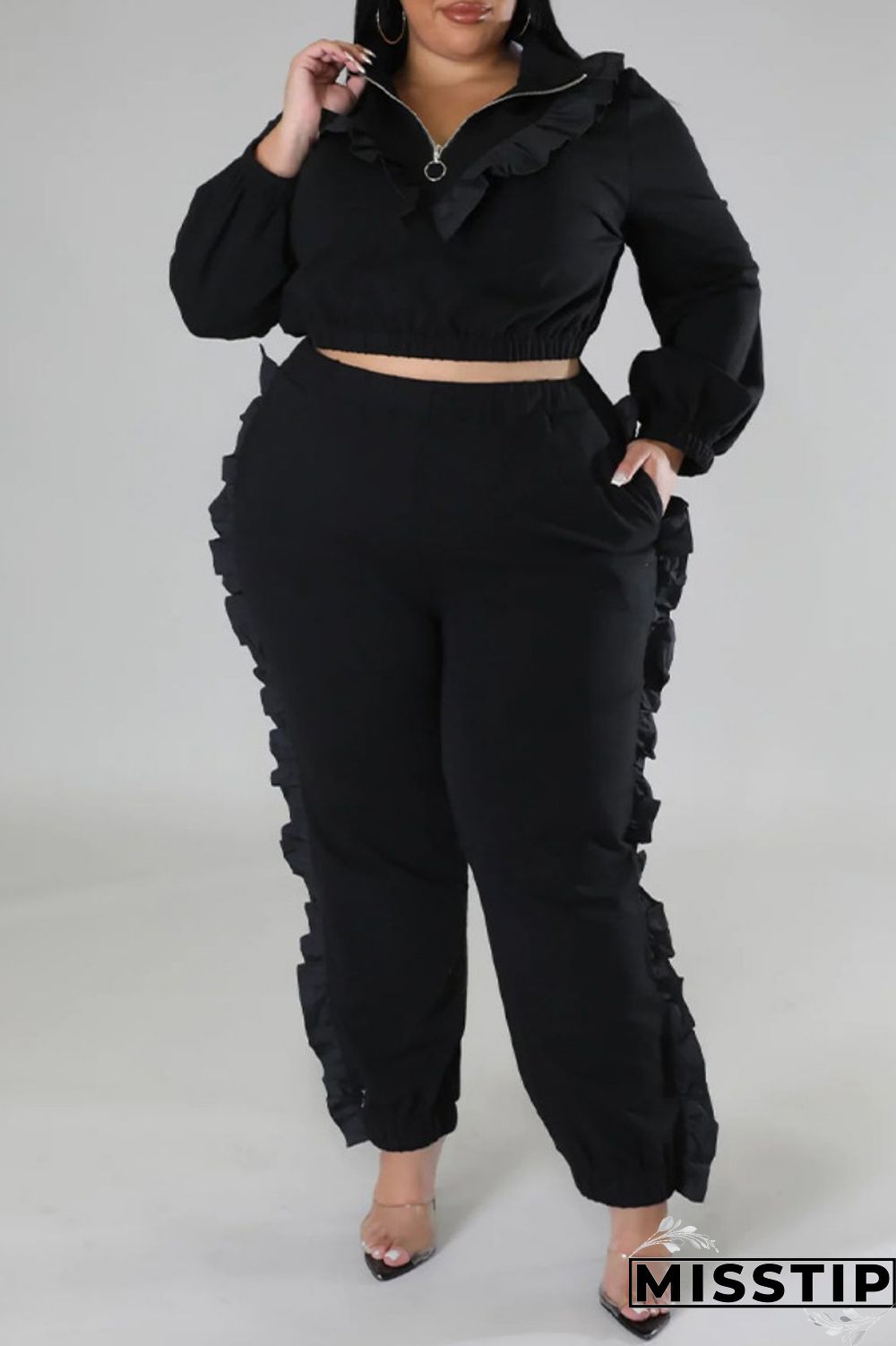 Black Casual Solid Patchwork Zipper Collar Plus Size Two Pieces