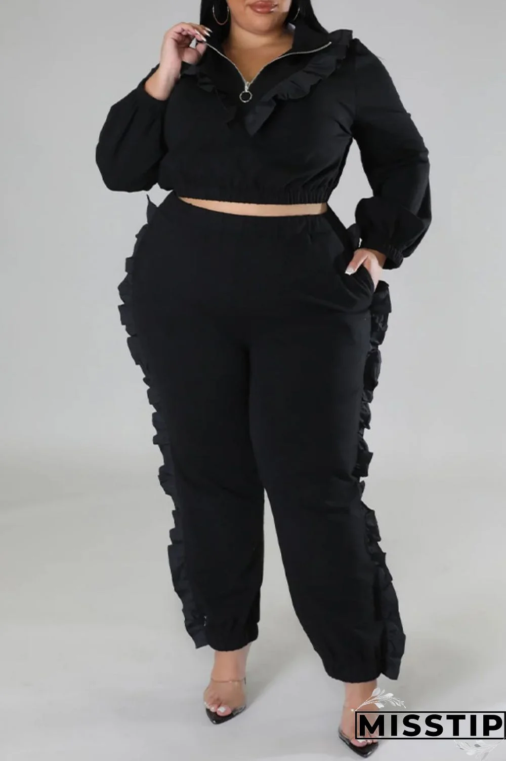 Black Casual Solid Patchwork Zipper Collar Plus Size Two Pieces