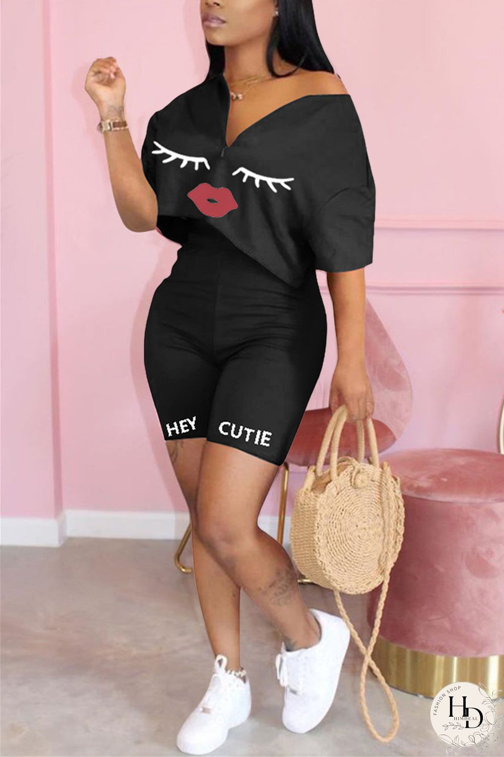 Black Fashion Casual Printed T-shirt Shorts Set