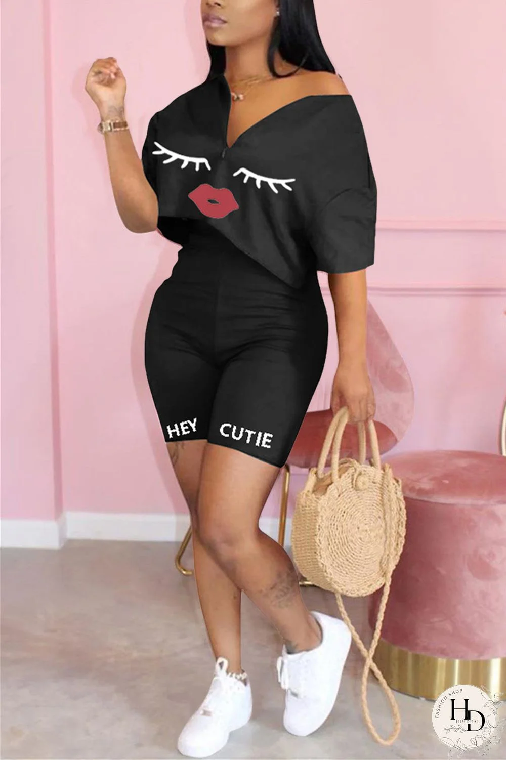 Black Fashion Casual Printed T-shirt Shorts Set