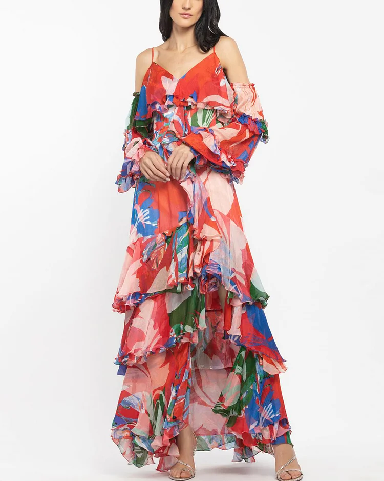 Chiffon Printed Layered Long Dress