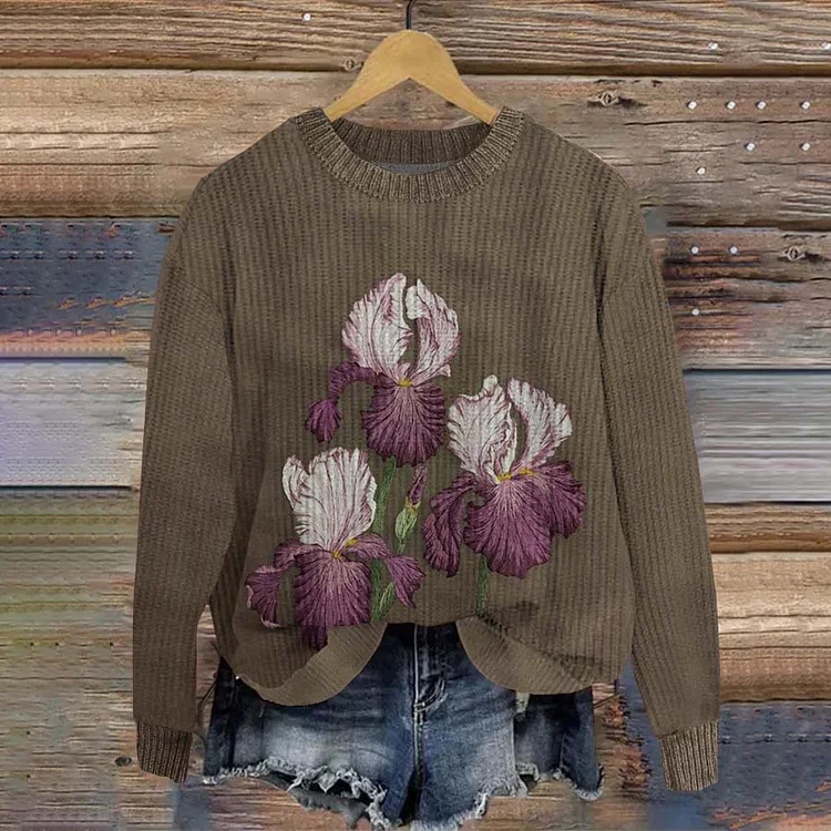 VChics Vintage Floral Art Comfy Round Neck Long Sleeve Knit Sweater