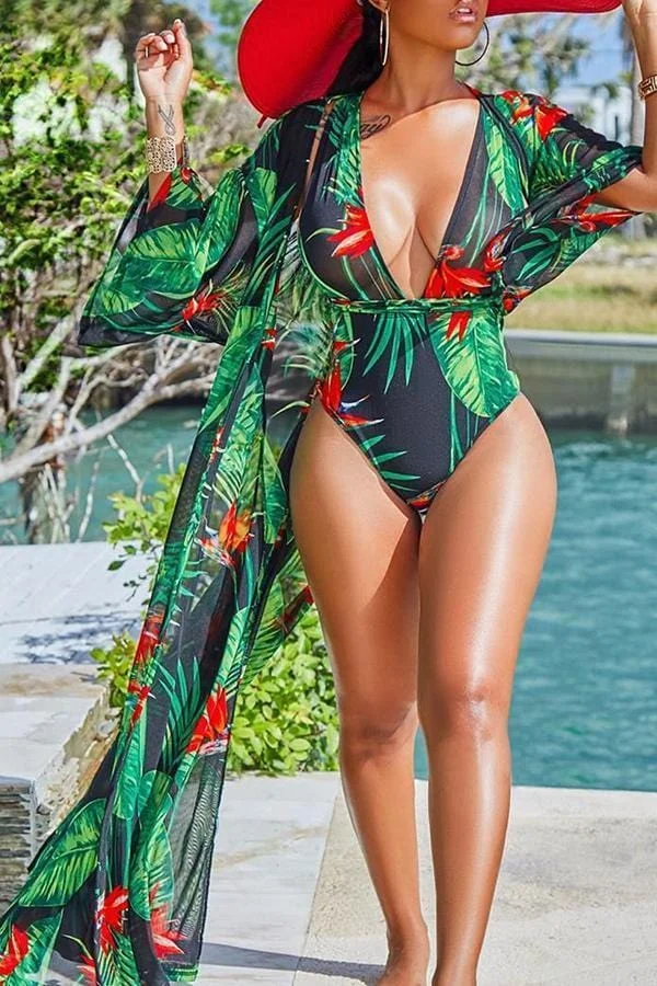 Casual Leaf Printed Swimwears(With Cover-Ups)