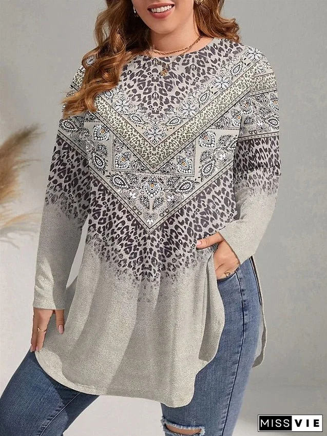 Women's Plus Size Curve Casual Dress Winter Dress T Shirt Dress Tee Dress Leopard Paisley Mini Dress Long Sleeve Print Crew Neck Fashion Outdoor Pink Blue Fall Winter L XL 2XL 3XL 4XL