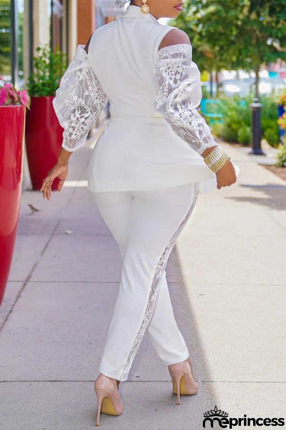 White Fashion Casual Patchwork Hollowed Out Turndown Collar Long Sleeve Two Pieces
