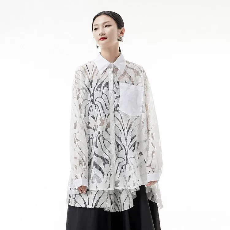 Elegant Lapel Solid Color Perspective Hollow Out Lace Long Sleeve Splicing Ruffled Hem Shirt 