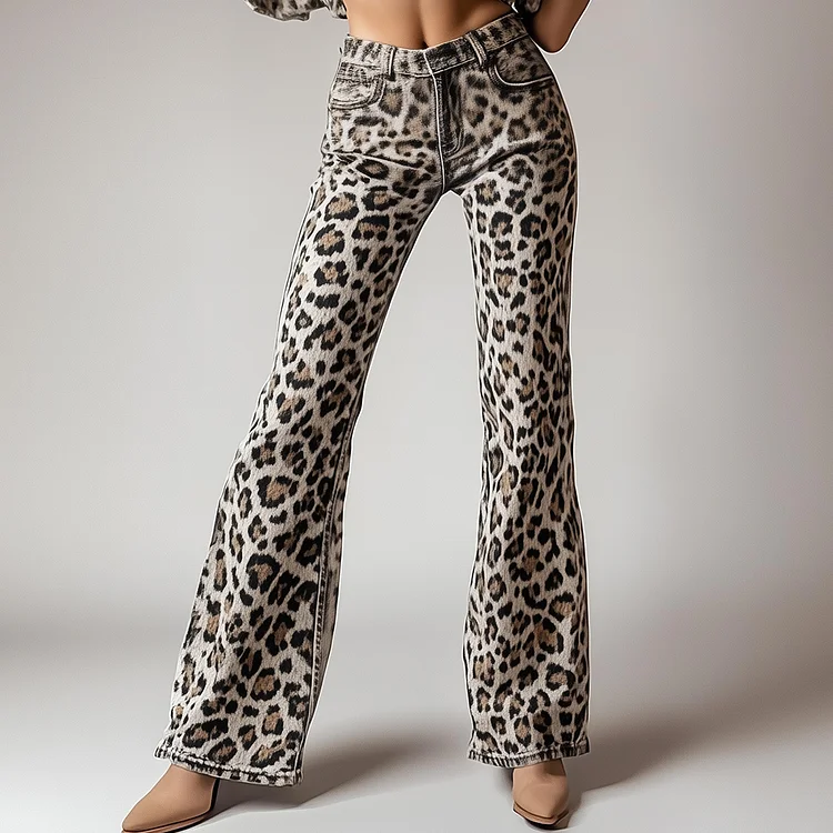 Ursime High Waist Leopard Pattern Denim Flare Leg Jeans