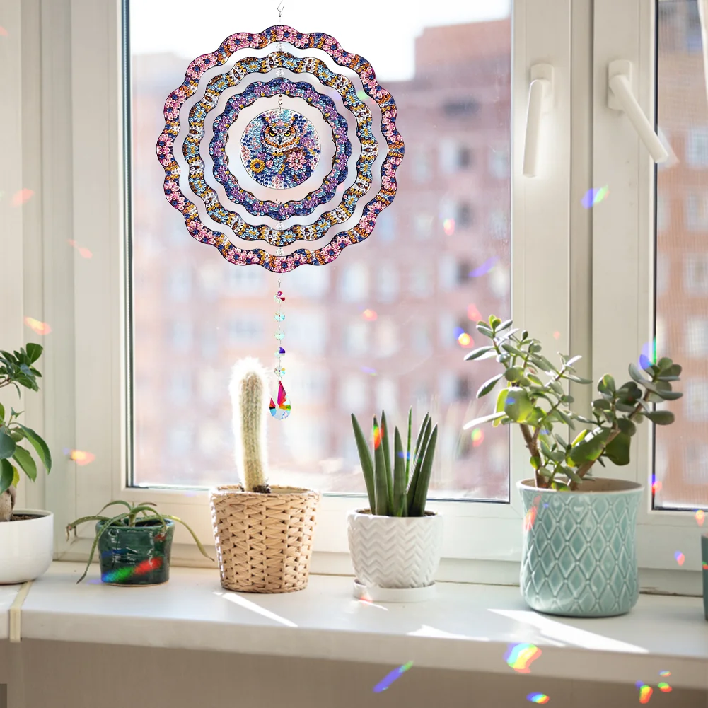 DIY Diamond Painting Rotating Wind Chime Diamond Art Hanging Pendant (Owl B)