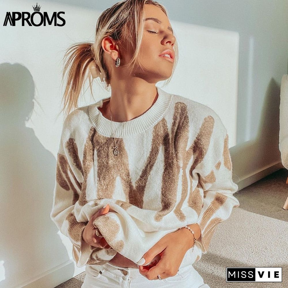 Aproms Korean Fashion Khaki Stripes Print Loose Sweaters Women Winter Hip-Pop Oversized