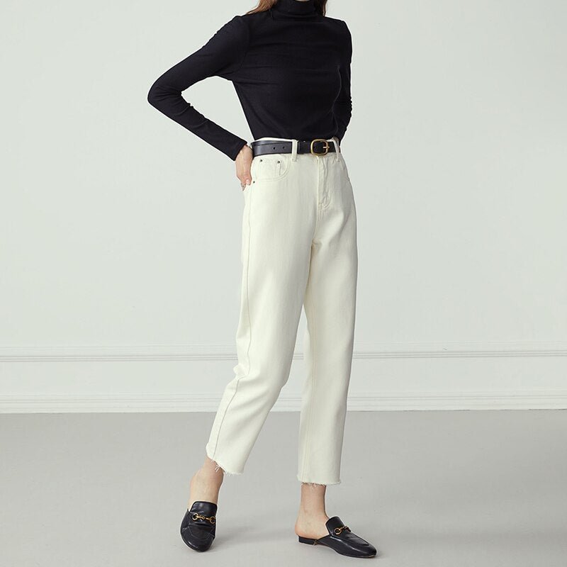 FSLE Cotton Tassel Fringe White Straight Jeans Women High Waist Ripped Jeans Female Spring Oversize Casaul Denim Pants