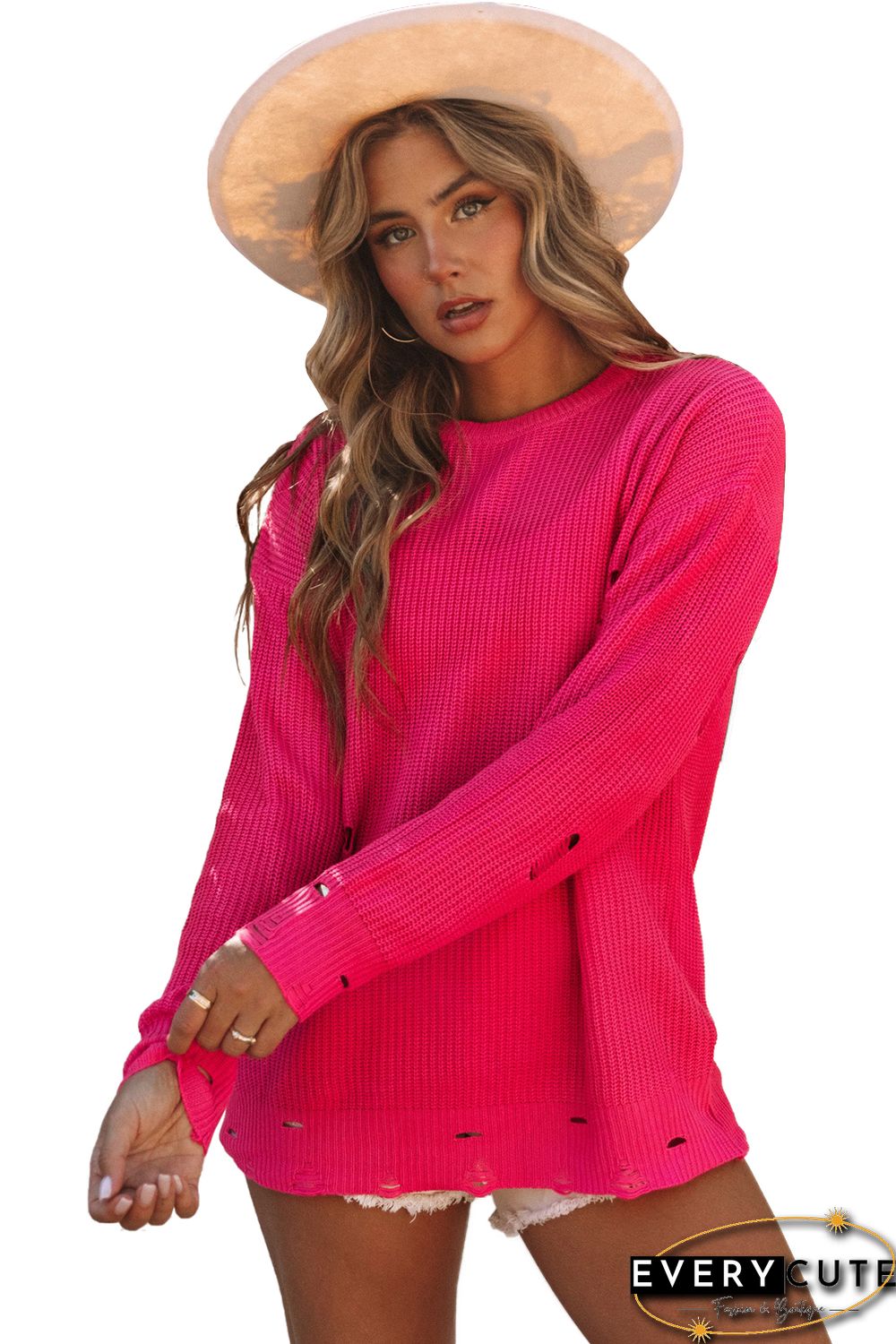 Rose Ripped Long Sleeve Ribbed Sweater