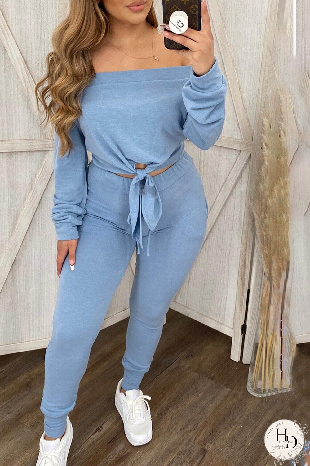 Baby Blue Sexy Solid Split Joint Off the Shoulder Long Sleeve Two Pieces