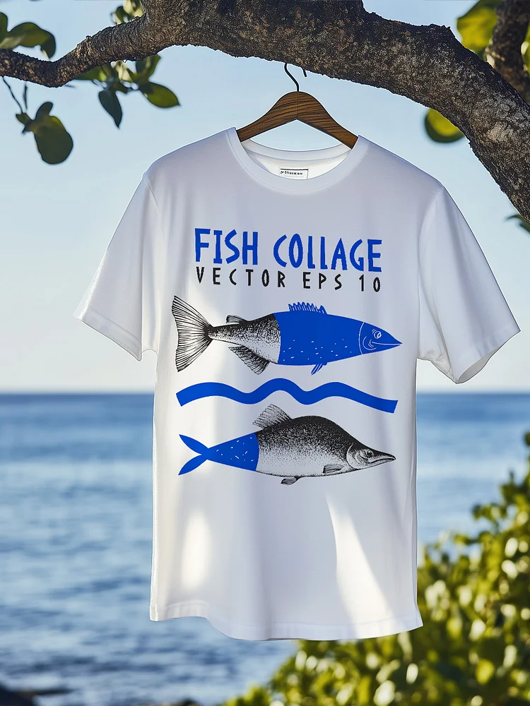 Men's Fish Collage Graphic Print Cotton Casual T-Shirt
